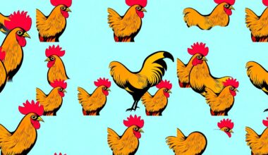 A bold, graphic illustration featuring a repeated pattern of a stylized rooster icon in bright neon colors, conceptually representing the community tensions over backyard chickens in residential neighborhoods.