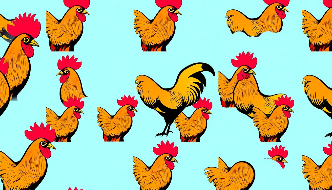 A bold, graphic illustration featuring a repeated pattern of a stylized rooster icon in bright neon colors, conceptually representing the community tensions over backyard chickens in residential neighborhoods.