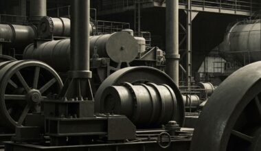 A highly detailed, cinematic close-up image of heavy industrial machinery and equipment, representing the tangible assets and physical infrastructure of the logistics and distribution real estate sector.
