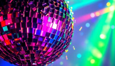 An extreme close-up photograph of shimmering, multicolored disco ball fragments reflecting light, creating a glamorous, high-energy visual metaphor for the spirit of Miami Music Week.