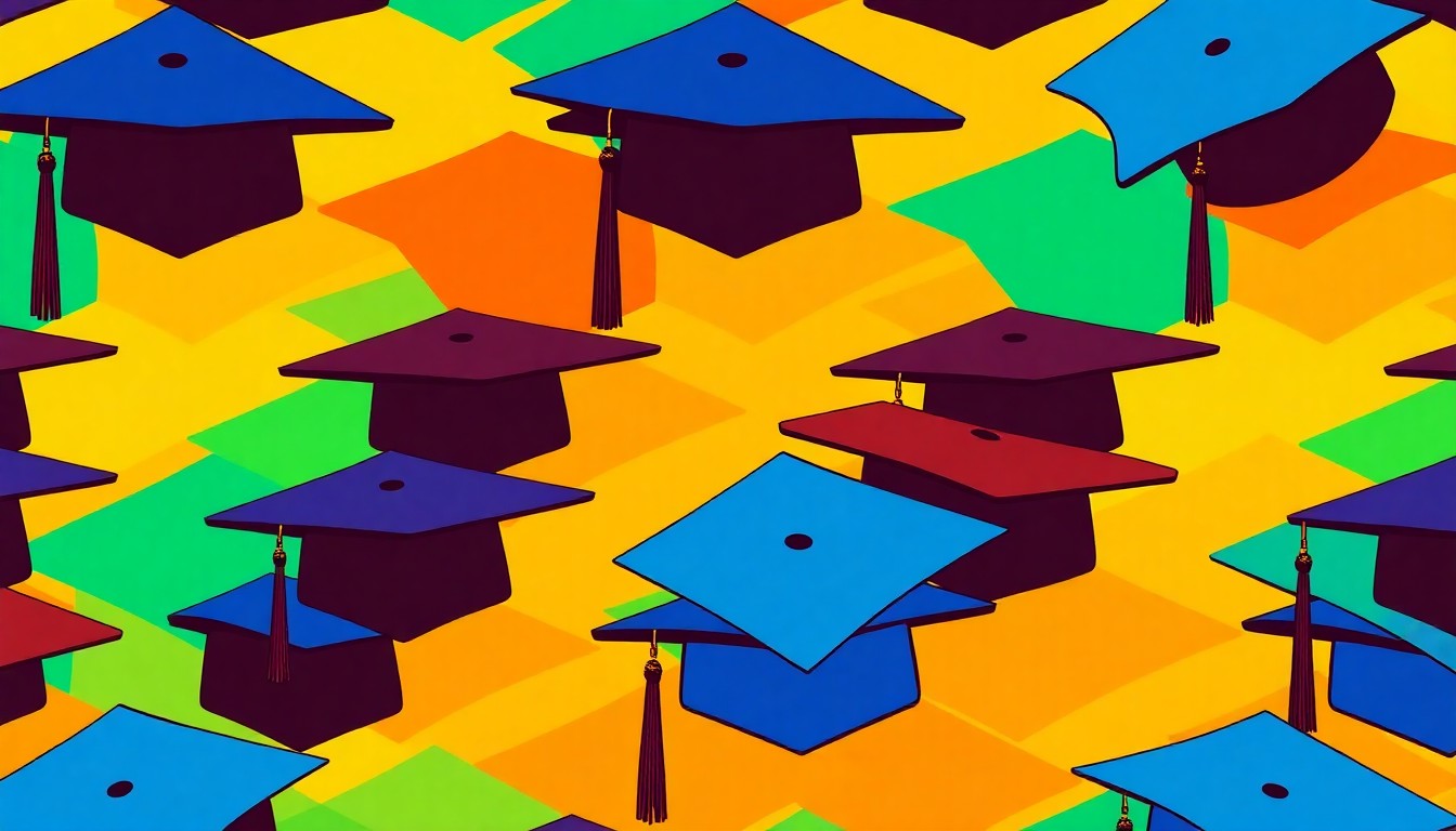 A grid of brightly colored, stylized graduation caps in shades of blue, green, and orange, conceptually representing the city
