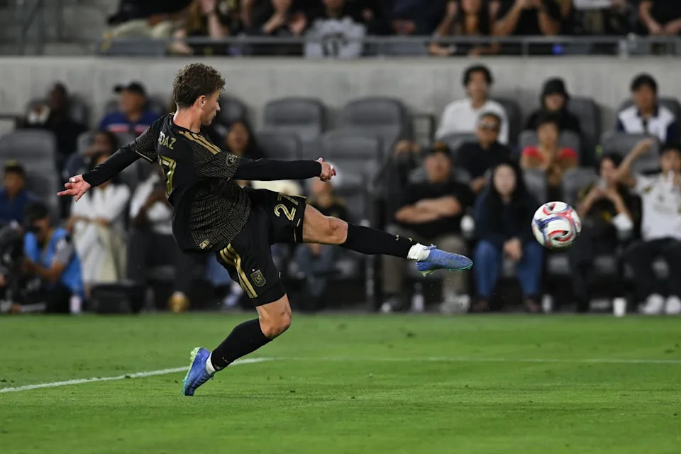 LAFC forward Nathan Ordaz (27) kicks the ball at goal during an MLS game between LAFC and Orlando City SC on Saturday, April 4, 2026 at BMO Stadium in Los Angeles Calif