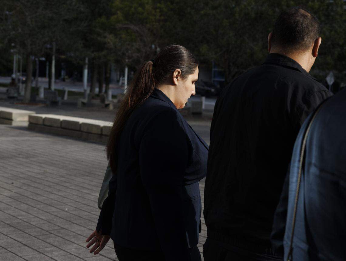 Angelica Pacheco, former Hialeah council member, leaves federal court in downtown Miami on Monday, Jan. 26, 2026, after pleading guilty to lying on her pandemic loan application. The felony conviction means she cannot hold political office.