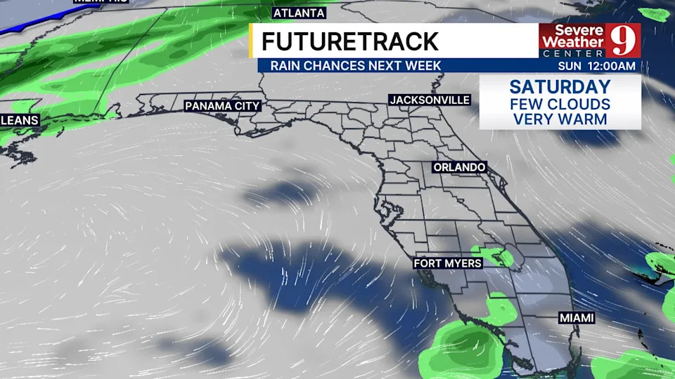 Sunny skies push temperatures into the low 90s this weekend, but a weak cold front arriving Monday will bring cooler air and slight rain chances.