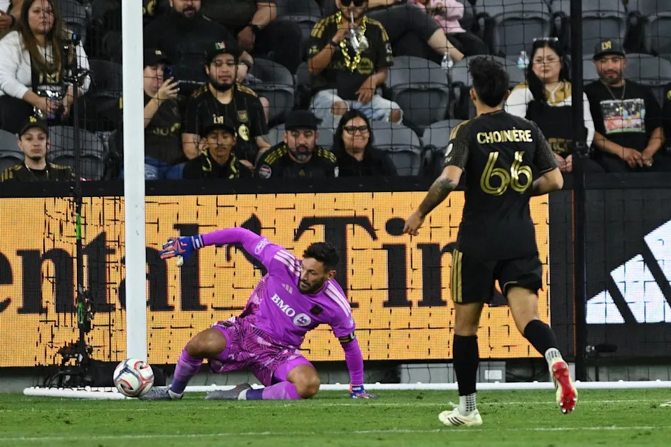 LAFC goalkeeper Hugo Lloris (1) makes a save during an MLS game between LAFC and Orlando City SC on Saturday, April 4, 2026 at BMO Stadium in Los Angeles Calif