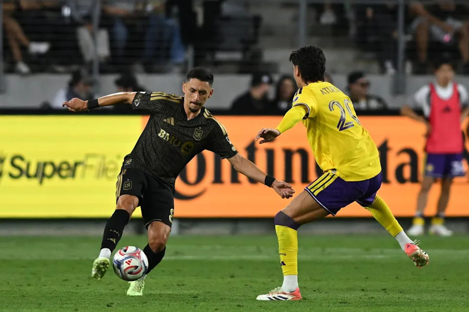 LAFC midfielder Mark Delgado (8) controls the ball during an MLS game between LAFC and Orlando City SC on Saturday, April 4, 2026 at BMO Stadium in Los Angeles Calif