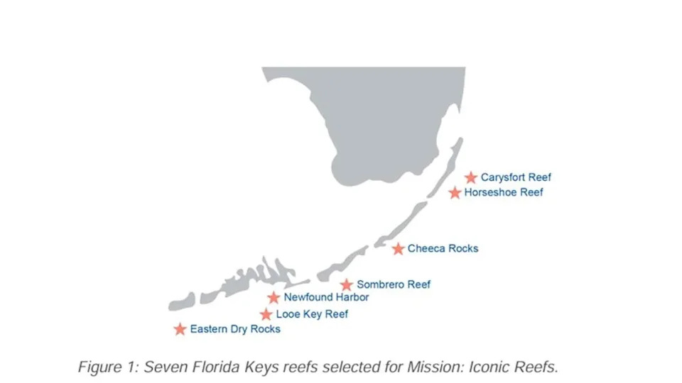 The seven Mission: Iconic Reefs (M:IR) within the Florida Keys National Marine Sanctuary (FKNMS).