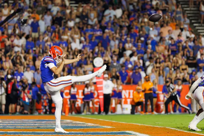 Nov 22, 2025; Gainesville, Florida, USA; Florida Gators kicker Tommy Doman (19) punts the ball from the endzone against the Tennessee Volunteers during the second half at Ben Hill Griffin Stadium. Mandatory Credit: Matt Pendleton-Imagn Images