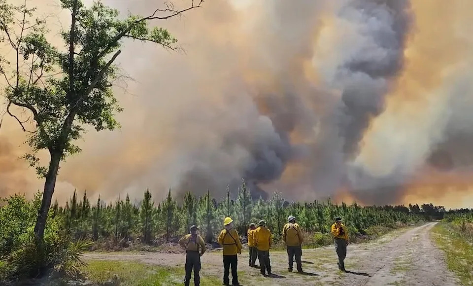 Firefighters look on as a wildfire burns in Georgia.