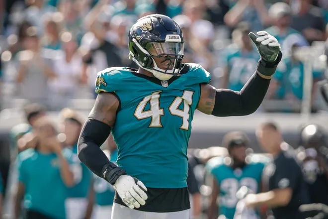 Sep 21, 2025; Jacksonville, Florida, USA; Jacksonville Jaguars defensive end Travon Walker (44) before the play against the Houston Texans at EverBank Stadium. Mandatory Credit: Travis Register-Imagn Images