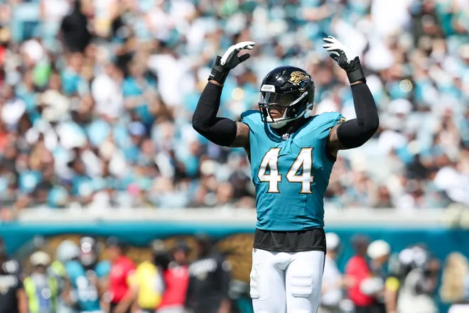 Sep 21, 2025; Jacksonville, Florida, USA; Jacksonville Jaguars defensive end Travon Walker (44) hypes up the crowd during a third down against the Houston Texans at EverBank Stadium. Mandatory Credit: Morgan Tencza-Imagn Images