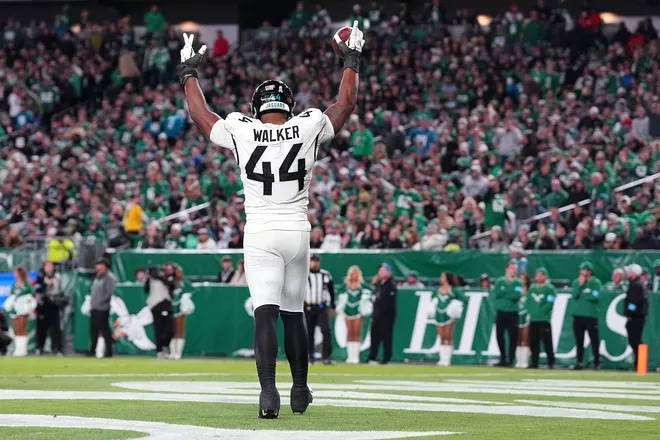 PHILADELPHIA, PENNSYLVANIA - NOVEMBER 03: Travon Walker #44 of the Jacksonville Jaguars celebrates after returning a fumble for a touchdown in the third quarter of a game against the Philadelphia Eagles at Lincoln Financial Field on November 03, 2024 in Philadelphia, Pennsylvania. (Photo by Mitchell Leff/Getty Images)