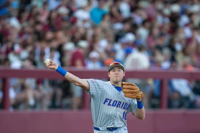 Florida Gators infielder Ethan Surowiec (10) throws to first. The Florida State Seminoles hosted the Florida Gators at Dick Howser Stadium on Tuesday, April 7, 2026.