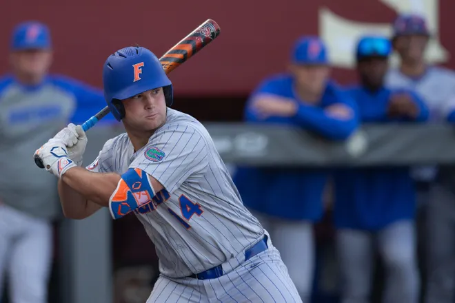 Florida Gators catcher Karson Bowen (14) steps up to bat. The Florida State Seminoles hosted the Florida Gators at Dick Howser Stadium on Tuesday, April 7, 2026.