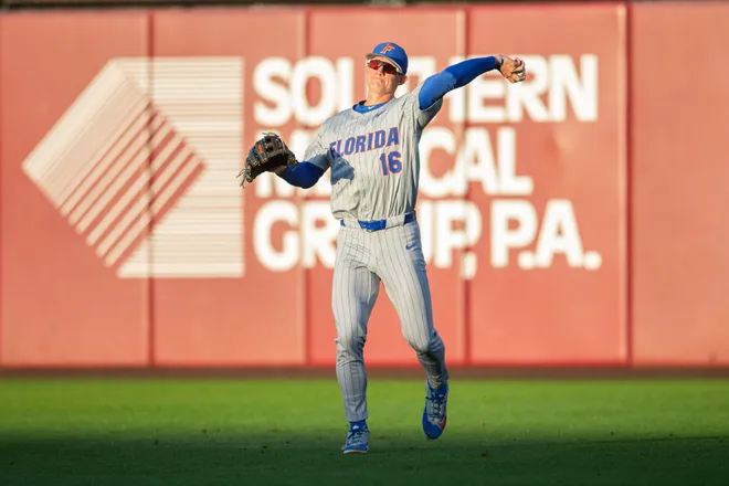 Florida Gators outfielder Hayden Yost (16) throws the ball to the infield. The Florida State Seminoles hosted the Florida Gators at Dick Howser Stadium on Tuesday, April 7, 2026.
