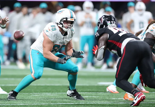 ATLANTA, GEORGIA - OCTOBER 26: Cole Strange #69 of the Miami Dolphins lines up against Ruke Orhorhoro #98 of the Atlanta Falcons during the third quarter of the game between the Miami Dolphins and Atlanta Falcons at Mercedes-Benz Stadium on October 26, 2025 in Atlanta, Georgia. (Photo by Kevin C. Cox/Getty Images)