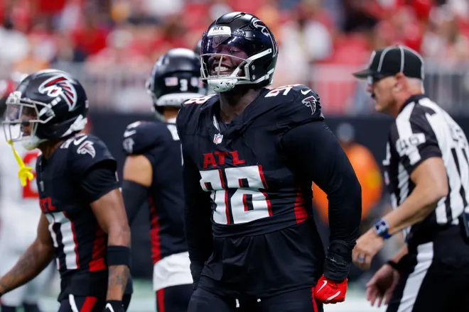 ATLANTA, GEORGIA - SEPTEMBER 07: Ruke Orhorhoro #98 of the Atlanta Falcons reacts after a sack during the second quarter against the Tampa Bay Buccaneers during the game at Mercedes-Benz Stadium on September 07, 2025 in Atlanta, Georgia. (Photo by Todd Kirkland/Getty Images)