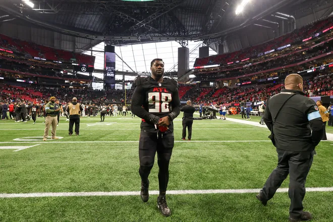 Jan 5, 2025; Atlanta, Georgia, USA; Atlanta Falcons defensive tackle Ruke Orhorhoro (98) walks off the field after an overtime loss against the Carolina Panthers at Mercedes-Benz Stadium. Mandatory Credit: Brett Davis-Imagn Images