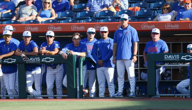 The Florida bench keeps an eye on the field durning and NCAA baseball game at Condron Family Ballparkin Gainesville, FL on Friday, April 17, 2026. [Alan Youngblood/Gainesville Sun]