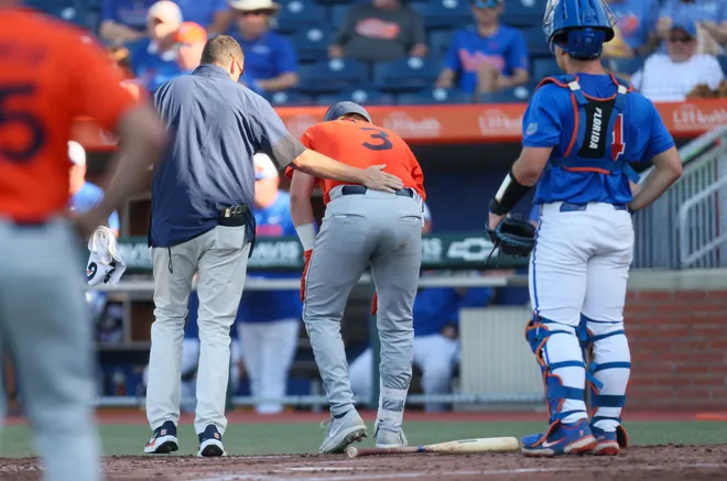 Auburn utility Chase Fralick (3) is hit by a pitch and injured durning and NCAA baseball game against Florida at Condron Family Ballparkin Gainesville, FL on Friday, April 17, 2026. [Alan Youngblood/Gainesville Sun]