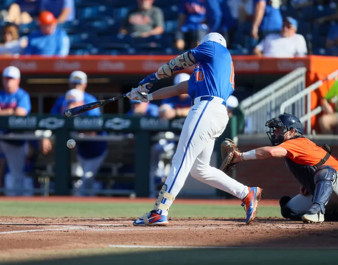 Florida infielder Ethan Surowiec (10) hits durning and NCAA baseball game at Condron Family Ballparkin Gainesville, FL on Friday, April 17, 2026. [Alan Youngblood/Gainesville Sun]