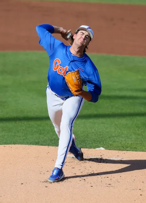 Florida pitcher Liam Peterson (12) pitches durning and NCAA baseball game against Auburn at Condron Family Ballparkin Gainesville, FL on Friday, April 17, 2026. [Alan Youngblood/Gainesville Sun]
