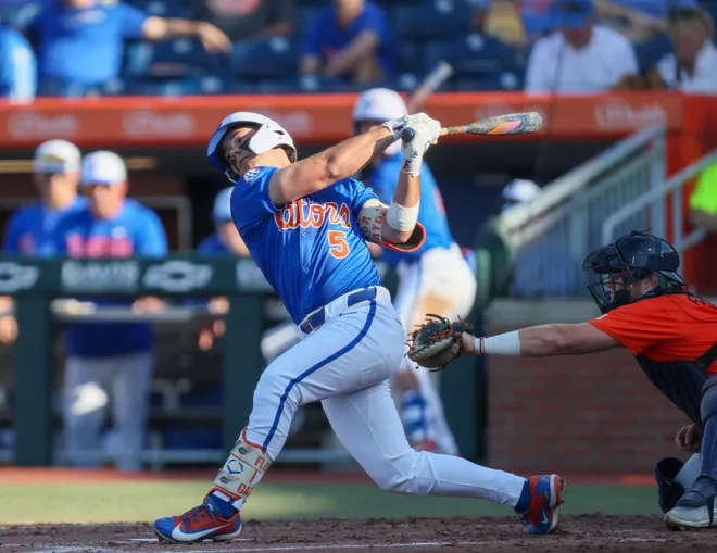Florida infielder Blake Cyr (5) strikes out durning and NCAA baseball game at Condron Family Ballparkin Gainesville, FL on Friday, April 17, 2026. [Alan Youngblood/Gainesville Sun]