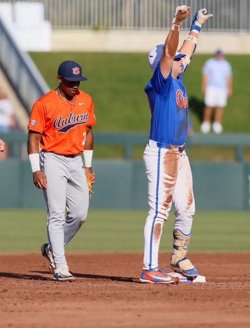 Florida infielder Ethan Surowiec (10) celebrates his double durning and NCAA baseball game at Condron Family Ballparkin Gainesville, FL on Friday, April 17, 2026. [Alan Youngblood/Gainesville Sun]