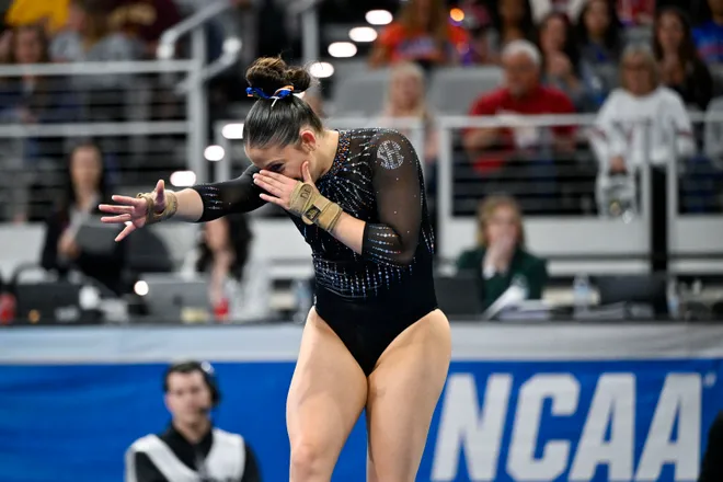 Apr 18, 2026; Fort Worth, TX, USA; University of Florida gymnast Danie Ferris performs on floor exercise during the 2026 NCAA Women’s Gymnastics National Championships at Dickies Arena. Mandatory Credit: Jerome Miron-Imagn Images