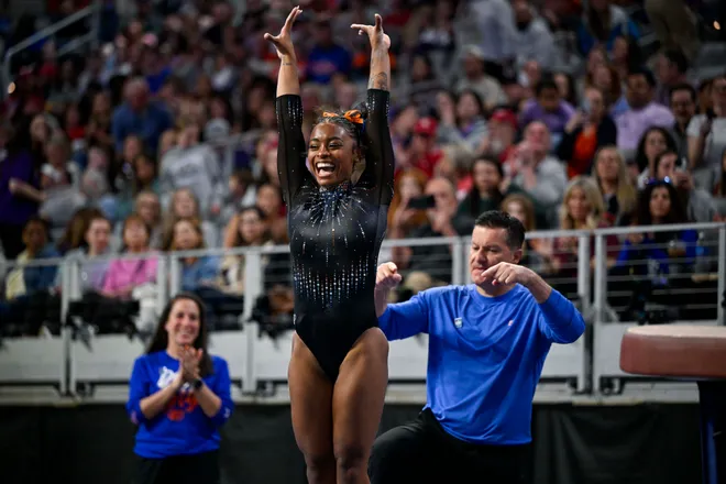 Apr 18, 2026; Fort Worth, TX, USA; University of Florida gymnast Danie Ferris performs on vault during the 2026 NCAA Women’s Gymnastics National Championships at Dickies Arena. Mandatory Credit: Jerome Miron-Imagn Images