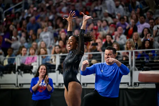 Apr 18, 2026; Fort Worth, TX, USA; University of Florida gymnast Danie Ferris performs on vault during the 2026 NCAA Women’s Gymnastics National Championships at Dickies Arena. Mandatory Credit: Jerome Miron-Imagn Images