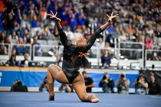 Apr 18, 2026; Fort Worth, TX, USA; University of Florida gymnast Selena Harris-Miranda performs on floor exercise during the 2026 NCAA Women’s Gymnastics National Championships at Dickies Arena. Mandatory Credit: Jerome Miron-Imagn Images