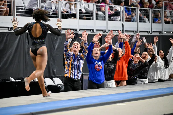 Apr 18, 2026; Fort Worth, TX, USA; University of Florida gymnast Emjae Frazier celebrates after performing on vault during the 2026 NCAA Women’s Gymnastics National Championships at Dickies Arena. Mandatory Credit: Jerome Miron-Imagn Images