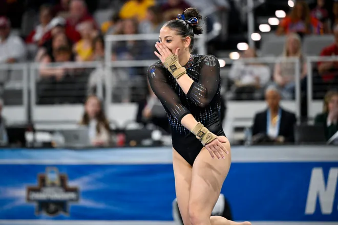 Apr 18, 2026; Fort Worth, TX, USA; University of Florida gymnast Danie Ferris performs on floor exercise during the 2026 NCAA Women’s Gymnastics National Championships at Dickies Arena. Mandatory Credit: Jerome Miron-Imagn Images