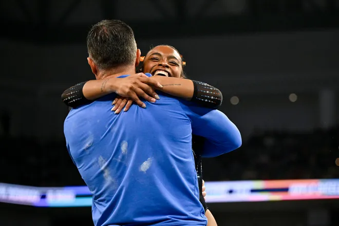 Apr 18, 2026; Fort Worth, TX, USA; University of Florida gymnast Selena Harris-Miranda performs on floor exercise during the 2026 NCAA Women’s Gymnastics National Championships at Dickies Arena. Mandatory Credit: Jerome Miron-Imagn Images