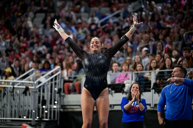Apr 18, 2026; Fort Worth, TX, USA; University of Florida gymnast Skylar Draser performs on vault during the 2026 NCAA Women’s Gymnastics National Championships at Dickies Arena. Mandatory Credit: Jerome Miron-Imagn Images