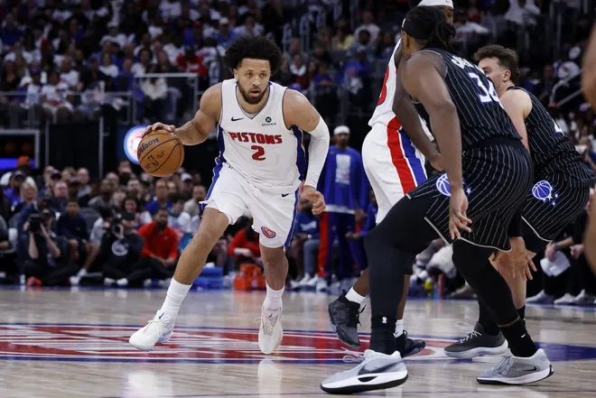Apr 22, 2026; Detroit, Michigan, USA; Detroit Pistons guard Cade Cunningham (2) dribbles in the second half against the Orlando Magic during game two of the first round of the 2026 NBA Playoffs at Little Caesars Arena.