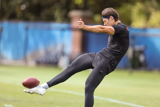Florida punter Tommy Doman (19) kicks during Pro Day at Sanders Practice Fields in Gainesville, FL on Thursday, March 26, 2026. [Alan Youngblood/Gainesville Sun]