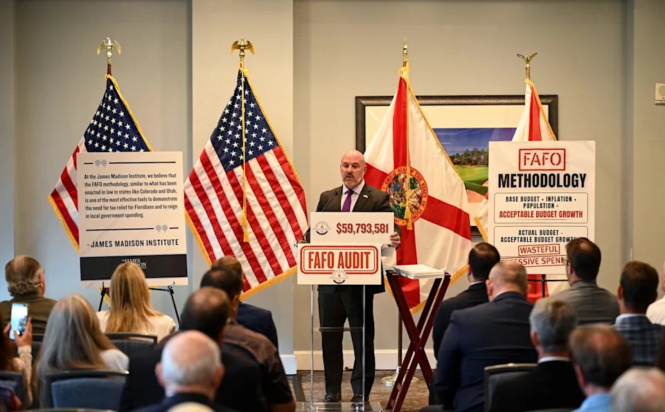 Florida CFO Blaise Ingoglia criticizes Flagler County's budget spending during an invitation-only event at the Club at Hammock Beach in Flagler County, March 26, 2026.