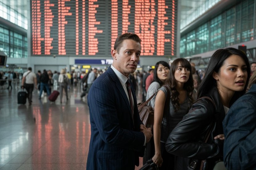 Passengers waiting at airport terminal with flight information display.