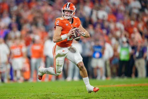 Clemson quarterback Cade Klubnik (2) runs with the ball during an NCAA college football game between Clemson and Florida State on Saturday, Nov. 8, 2025, in Clemson, S.C.