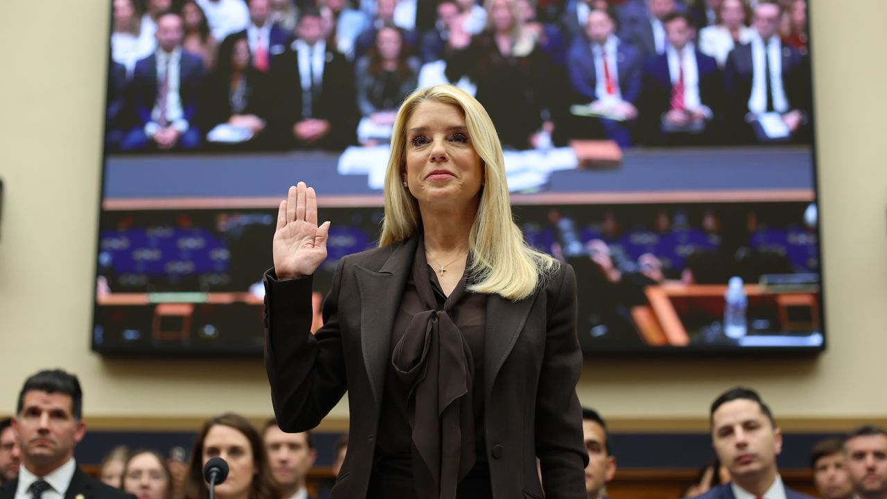 Attorney General Pam Bondi is sworn in before a House Judiciary Committee oversight hearing on Capitol Hill in Washington, Wednesday, Feb. 11, 2026, in Washington. (AP Photo/Tom Brenner)