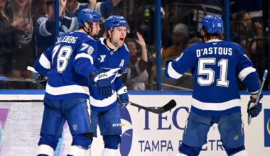 Tampa Bay celebrates a goal in Game 1 against Montreal Sunday afternoon at Benchmark International Arena. Montreal took Game 1 4-3 in OT. (AP Photo)
