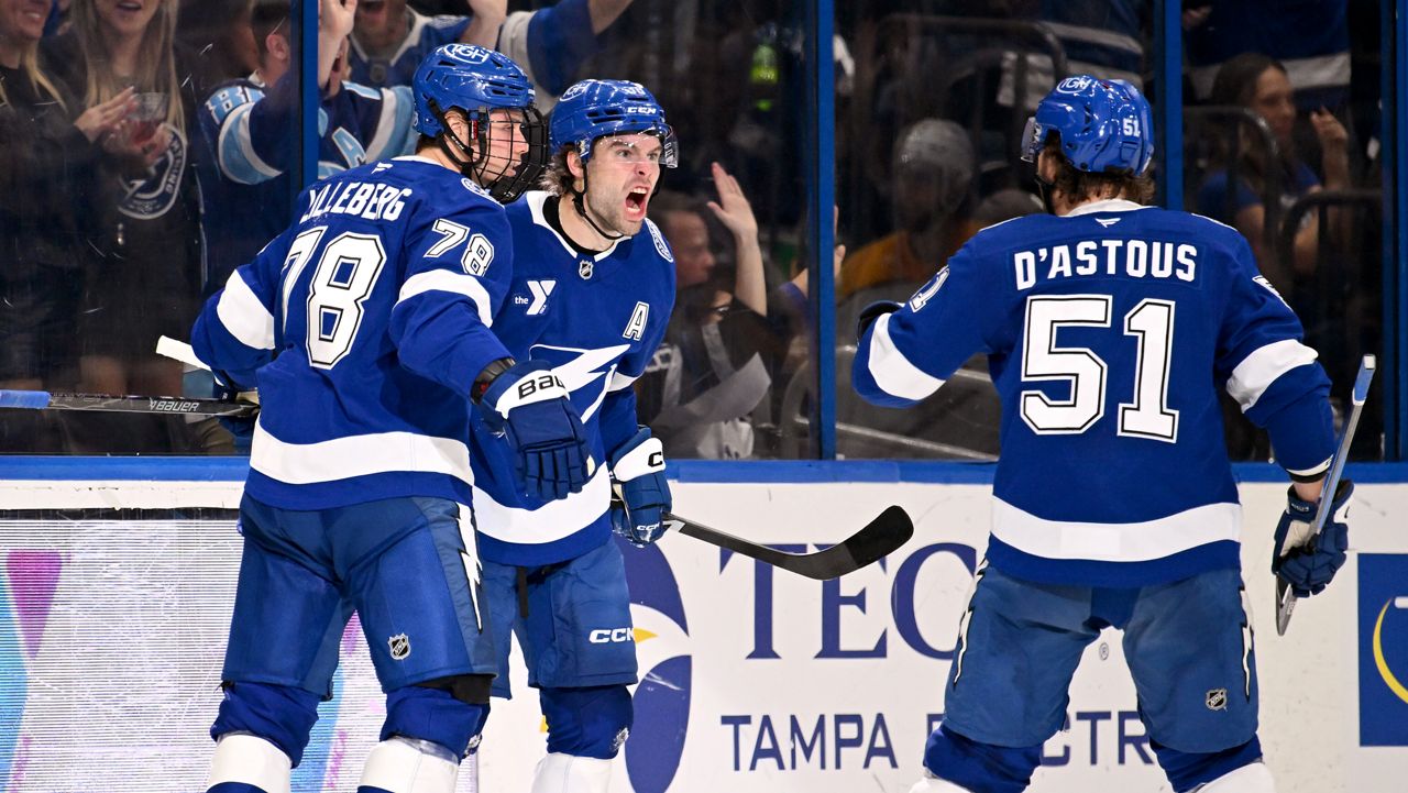 Tampa Bay celebrates a goal in Game 1 against Montreal Sunday afternoon at Benchmark International Arena. Montreal took Game 1 4-3 in OT. (AP Photo)