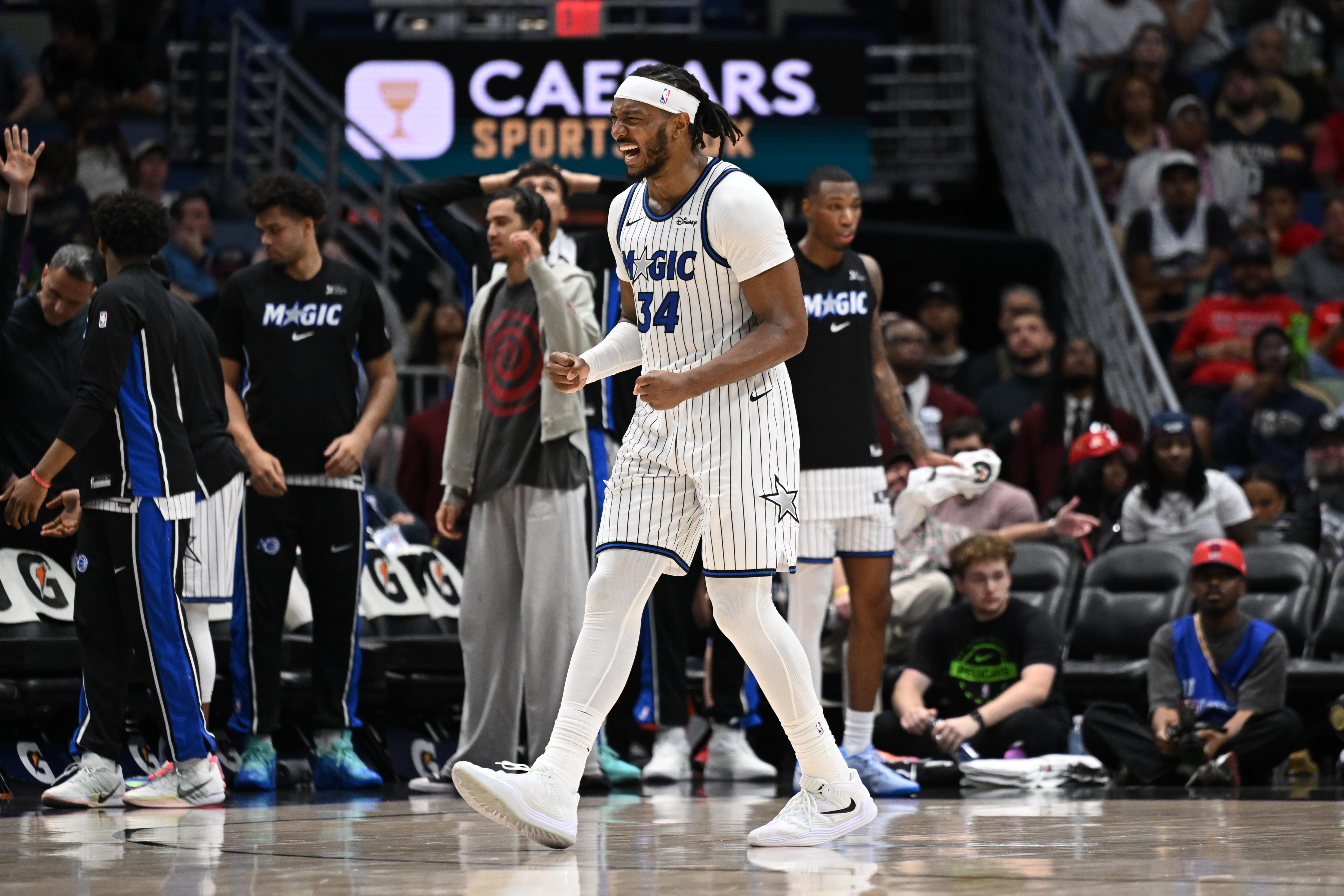 Orlando Magic center-forward Wendell Carter Jr. (34) celebrates in the...