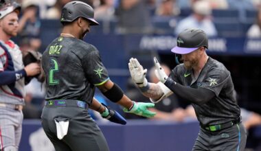 Tampa Bay Rays' Jake Fraley celebrates with Yandy DÃ­az (2) after Fraley hit a two-run home run off Minnesota Twins pitcher Bailey Ober during the fourth inning of a baseball game Saturday, April 25, 2026, in St. Petersburg, Fla. (AP Photo/Chris O'Meara)