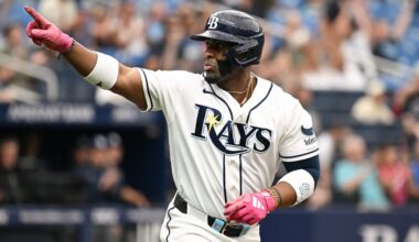 Tampa Bay Rays' Yandy Díaz celebrates as he rounds the bases after his two-run home run during the third inning of a baseball game against the Minnesota Twins Sunday, April 26, 2026, in St. Petersburg, Fla. (AP Photo/Jason Behnken)