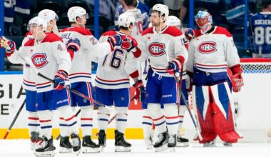 Montreal Canadiens players celebrate their win over the Tampa Bay Lightning in Game 5 of an NHL hockey Stanley Cup first-round playoff series, Wednesday, April 29, 2026, in Tampa, Fla. (AP Photo/Chris O'Meara)