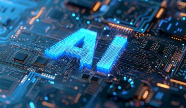 Close-up of circuit board with glowing AI lettering representing artificial intelligence technology