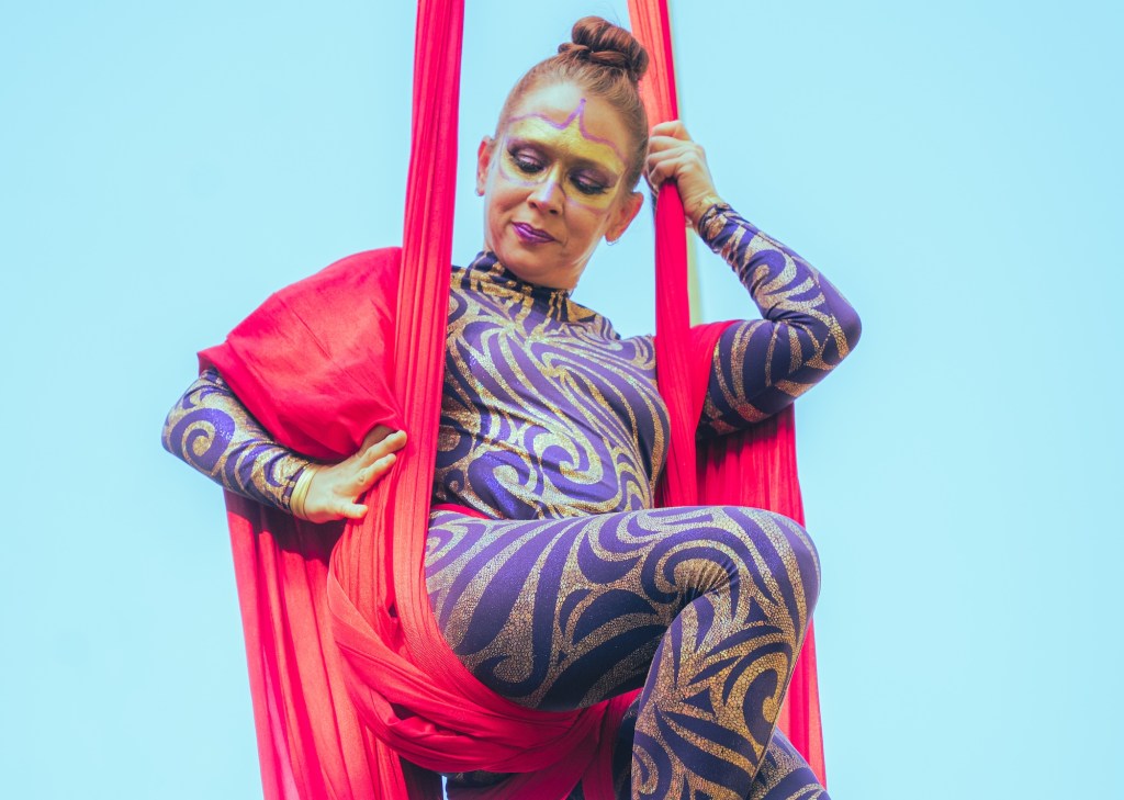 photo of an aerialist hanging on a cloth while wearing face paint and a whimsical purple and gold bodysuit